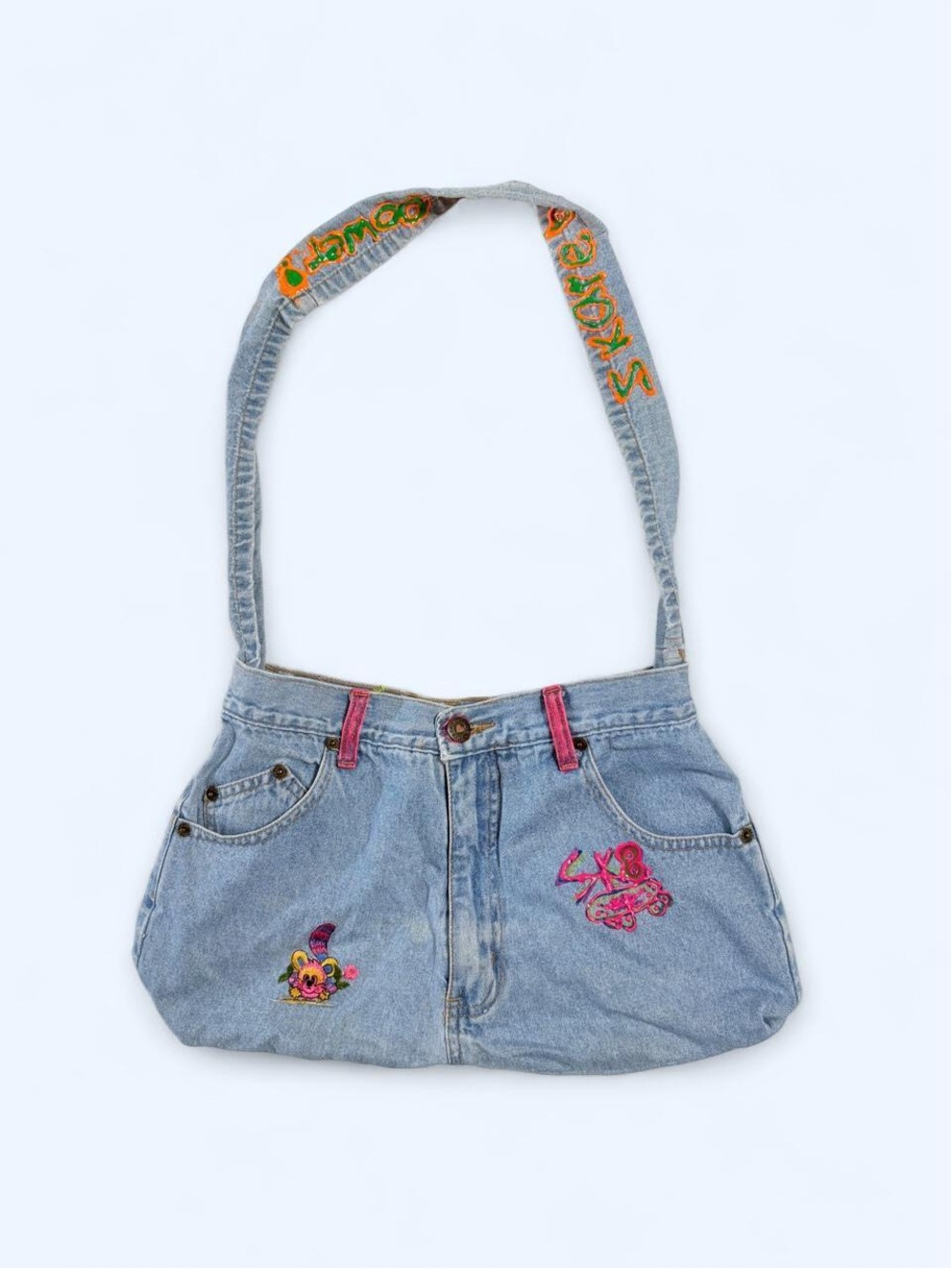 Upcycled Denim Skirt-Into-Bag with Embroidered Accents